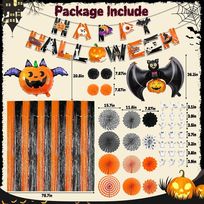 JUYRLE Halloween Trunk or Treat Car Kit - 42Pcs Car and Garage Door Decorations With Banner, Paper Fans, Foil Balloons, Tassel Kits - Image 2